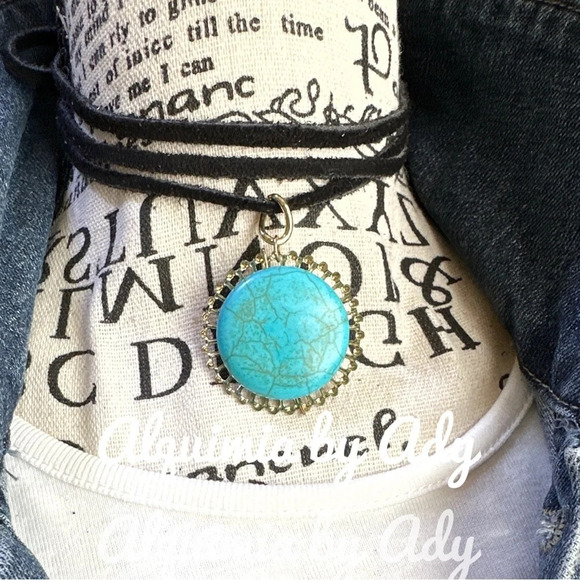 Alquimia Jewelry - Turquoise gold statement maxi big  medallion black leather wrap around necklace